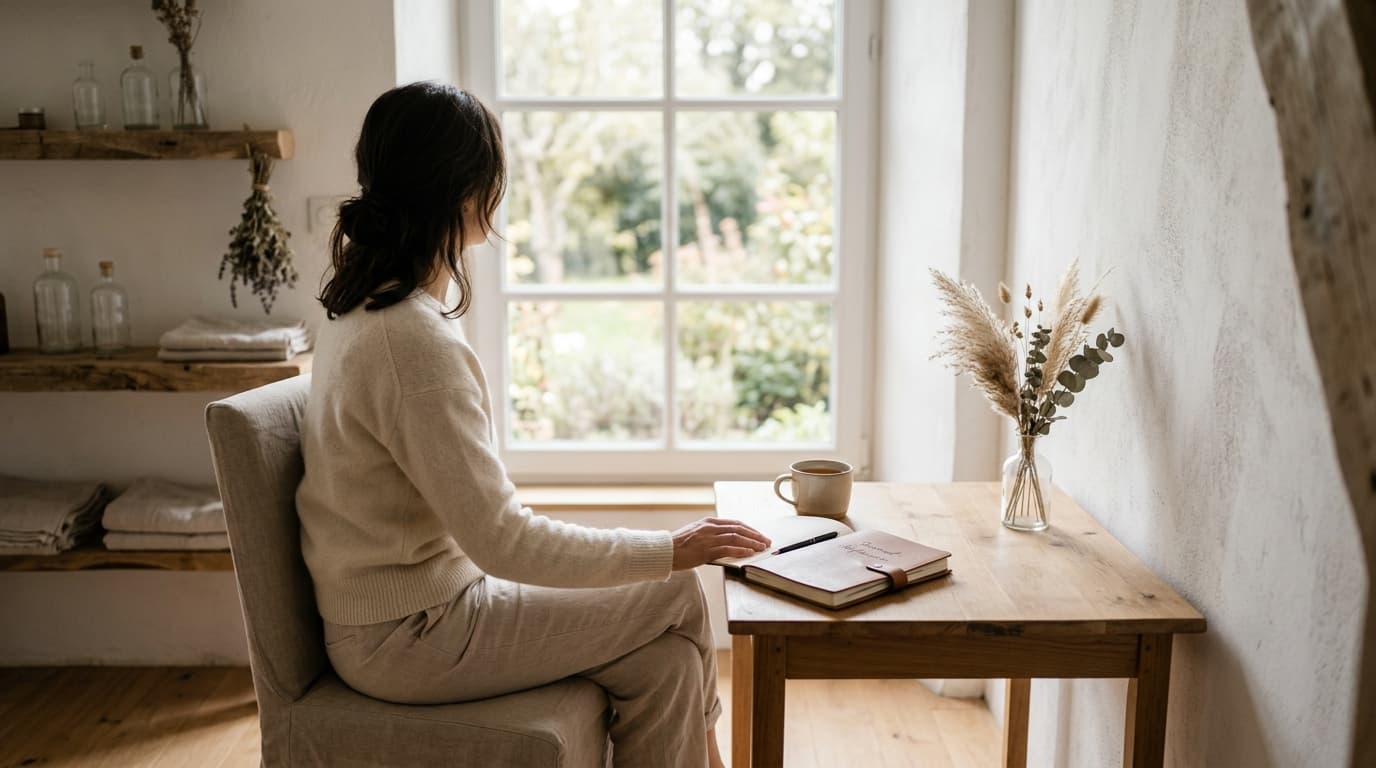 Journal ouvert sur un bureau en bois avec lumière naturelle, illustrant l'introspection liée au syndrome du sauveur